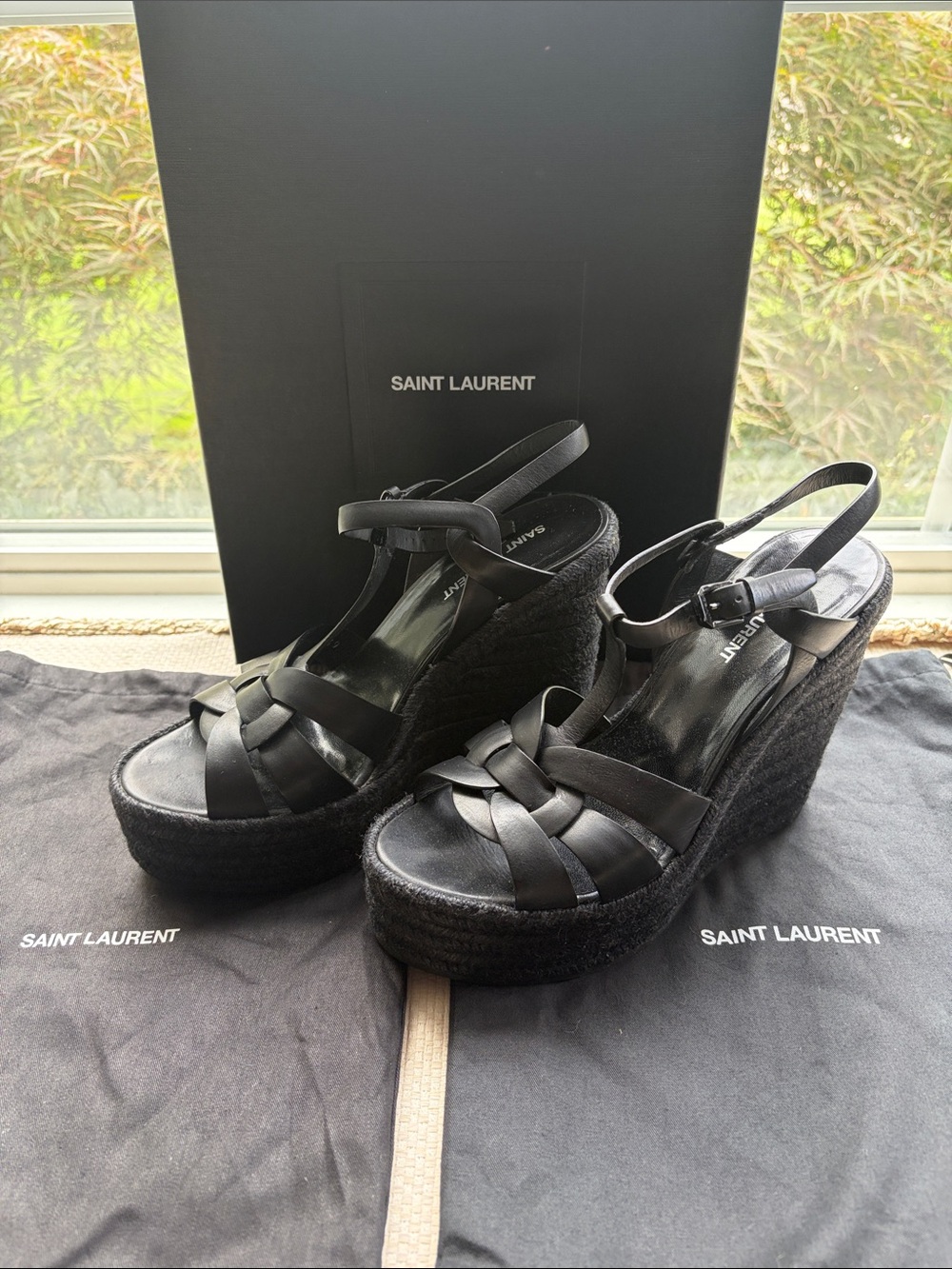 Saint Laurent Black Braided Leather Platform Wedge Sandals